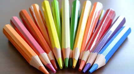 Fototapeta premium Colorful pencils arranged in a fan shape on a wooden table
