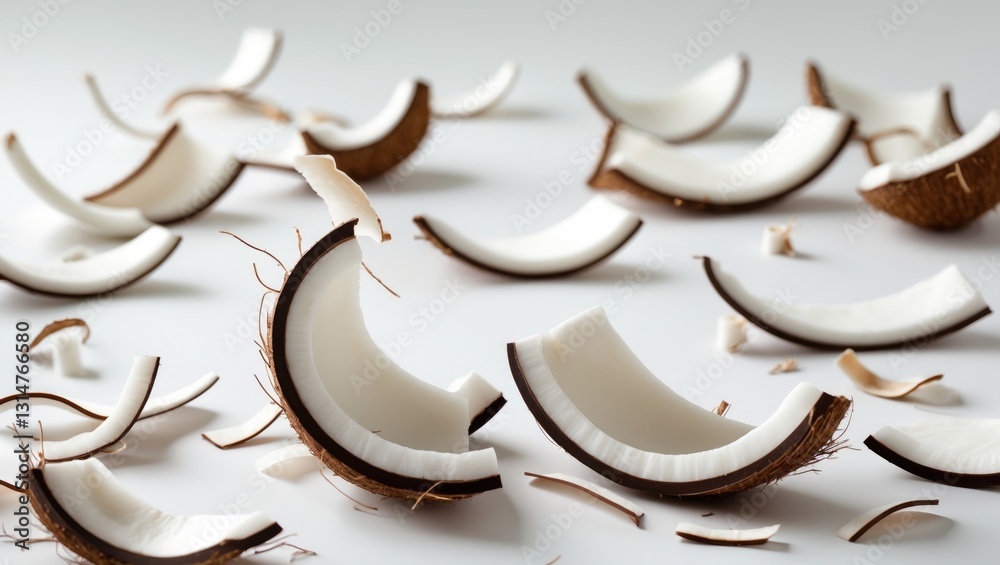 Poster Falling coconut curls and shavings, isolated on a backdrop, with a clipping path and full depth of field.