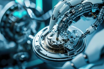 Obraz premium A robotic hand meticulously interacts with the intricate gears of a clock mechanism.