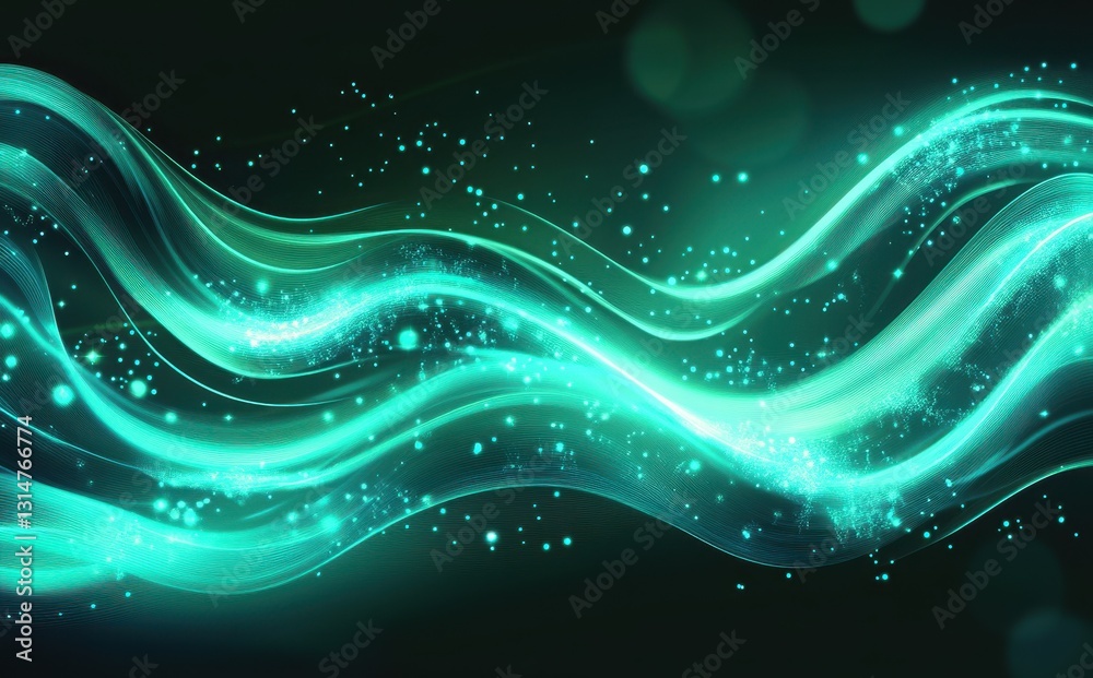 Poster ethereal abstract waves with glowing particles and soft light effects on a dark background for moder