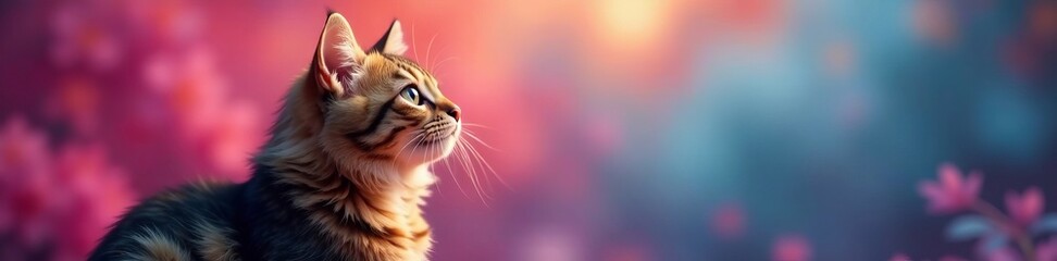 Adorable fluffy tabby cat gazing curiously at vibrant background, tabby, pet, curious