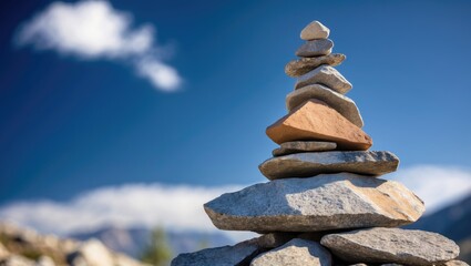 Balanced rock cairn set against a clear blue sky A close-up image of a meticulously balanced rock cairn in front of a clear blue sky, representing harmony, balance, and the spirit of outdoor advent...
