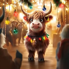 Fototapeta premium there is a cow that is standing in a room with christmas decorations