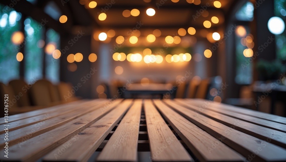 Poster Wooden table top that is empty with bokeh lights in a blurred background.