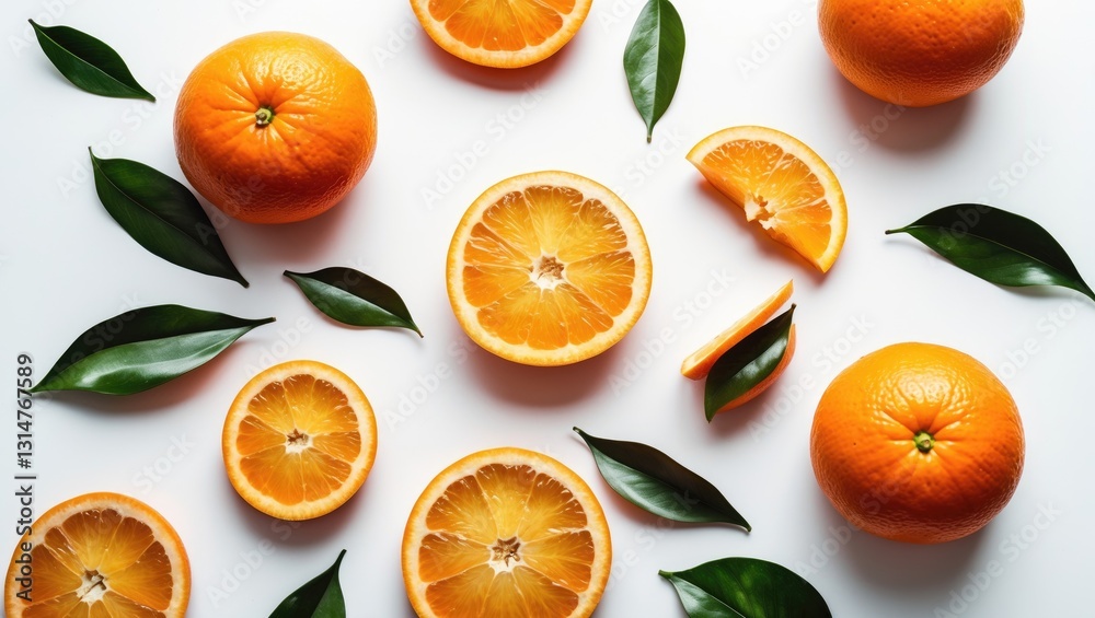 Poster Falling oranges sliced in half with leaves isolated on a white background.