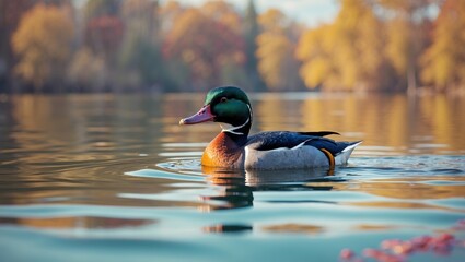 Common merganser male navigating a lake.