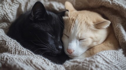 Cozy cats sleep cuddled in knit blanket