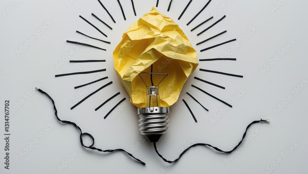 Poster creative concepts and inspiration ideas. crumpled colored paper shaped like a light bulb, isolated o