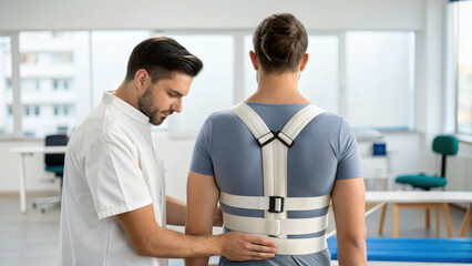 Obraz premium professional therapist adjusting support brace on patient in clinical setting, showcasing care and expertise. environment is bright and organized, emphasizing rehabilitation