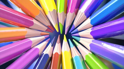 Fototapeta premium Colorful pencils clustered together in a radial pattern, dark background