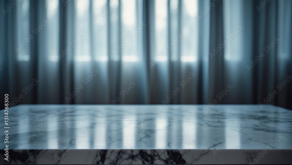 Aufkleber Empty marble tabletop with a blurred curtain background from a window.