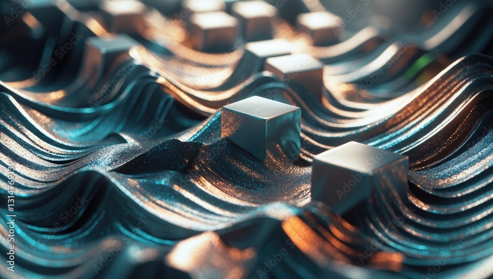 Poster abstract background featuring cube waves with a metallic texture and vibrant colors.