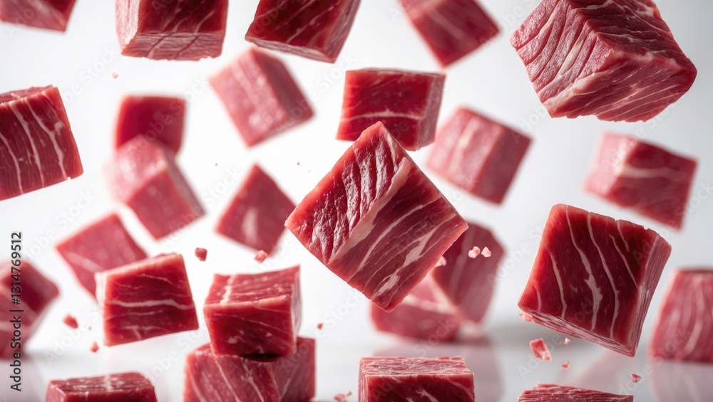 Aufkleber Falling beef cubes, isolated on a background with clipping path and full depth of field.