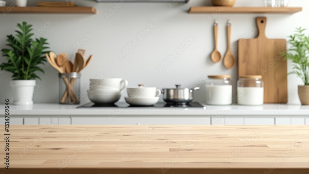 Poster empty wooden table surface with a blurred kitchen counter in the background.