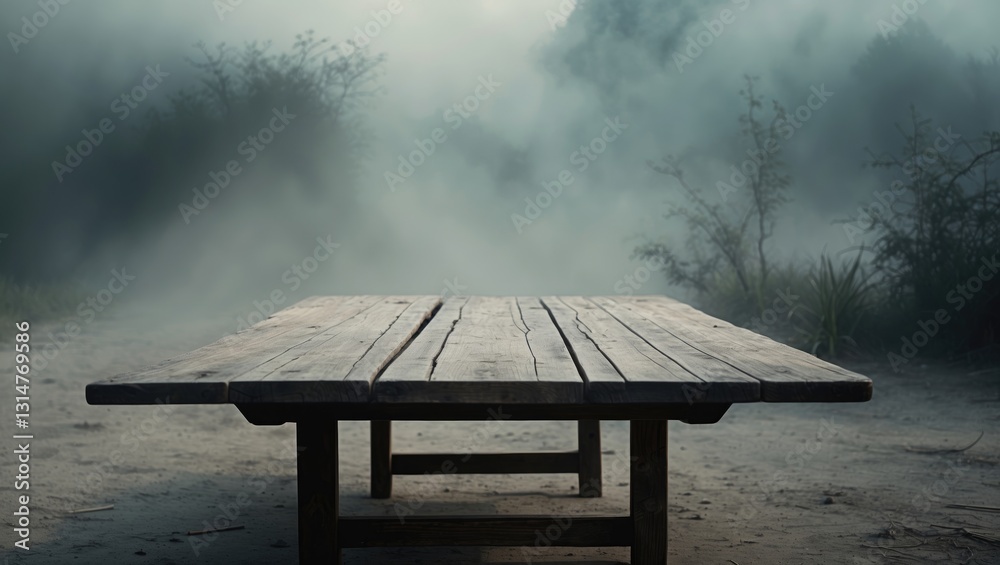 Poster empty wooden table with a misty background