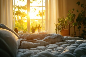 Fototapeta premium Sunrise illuminates cozy bedroom with plants and soft bedding