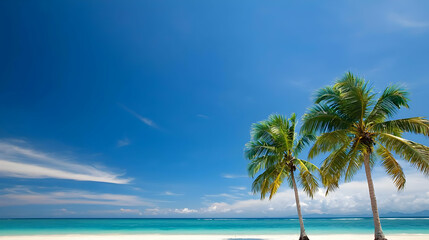 Serene Tropical Beach With Two Palm Trees White Sand And Turquoise Water Under Blue Sky With Light Clouds Ideal For Travel Destination Background