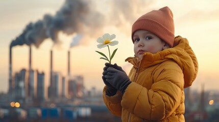 Child Holding Flower in Front of Industrial Landscape with Smoke