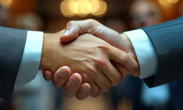 Two business professionals shaking hands in a formal setting, conveying partnership and agreement