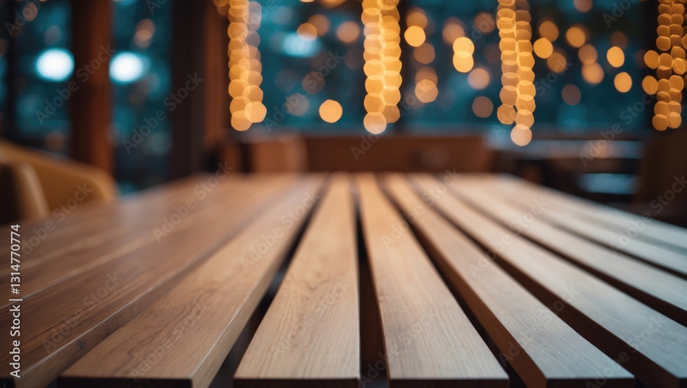 Poster Empty wooden tabletop with bokeh lights in a blurred background.