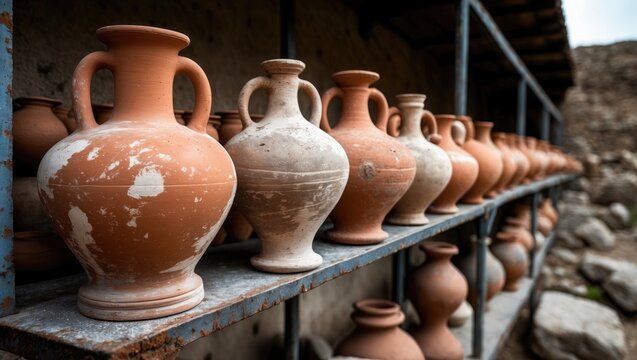 A vertical image capturing handmade clay pots and containers displayed on aged wooden shelves.