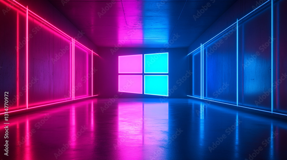 Aufkleber neon pink and blue lights illuminate a glossy floor and concrete walls, creating a vibrant, futurist