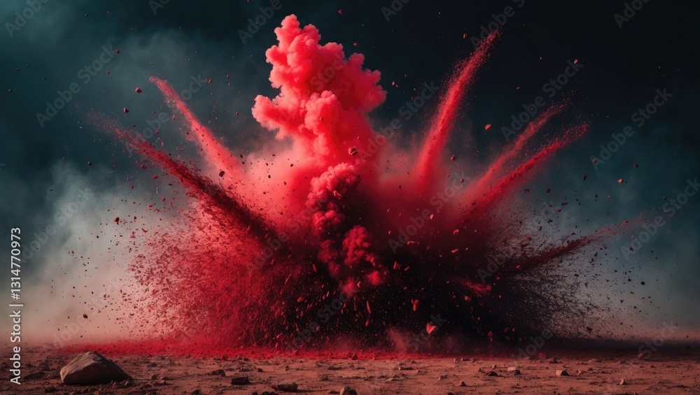 Poster Eruption of red particles against a dark backdrop. A burst of color in the dust on a dark background.
