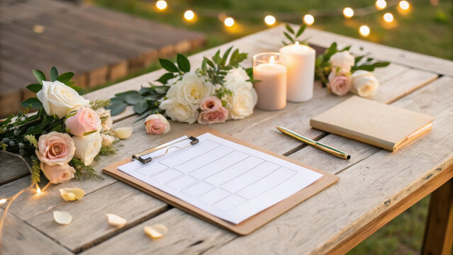 beautifully arranged wedding planning checklist on rustic table, surrounded by flowers and candles, creating romantic atmosphere for event preparation