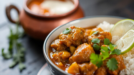 Indian meat dish served in a bowl with selective focus.