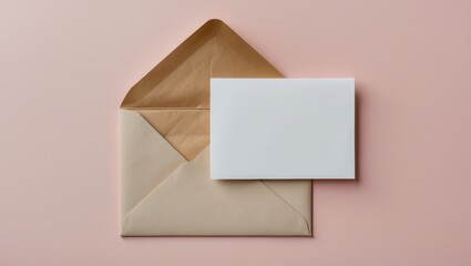Card and envelope placed on a pale pink background, viewed from above with copy space.