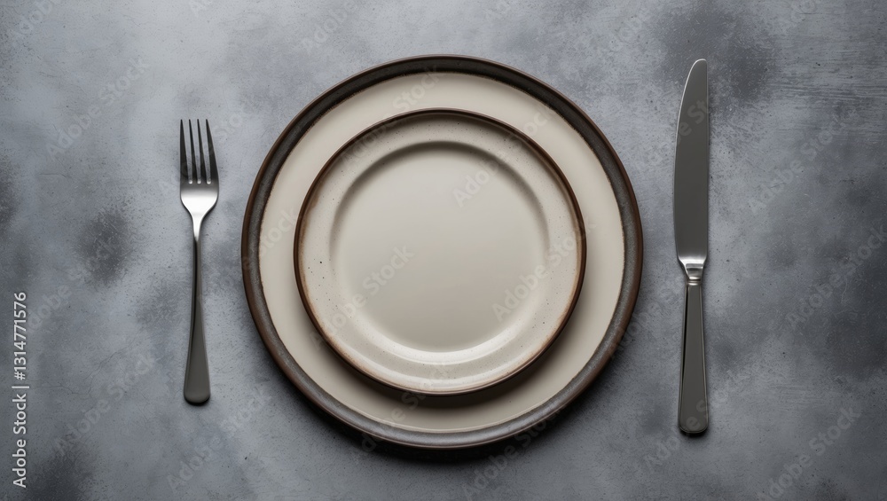 Poster empty plates and forks arranged on a grey concrete background. aerial view. mockup concept.