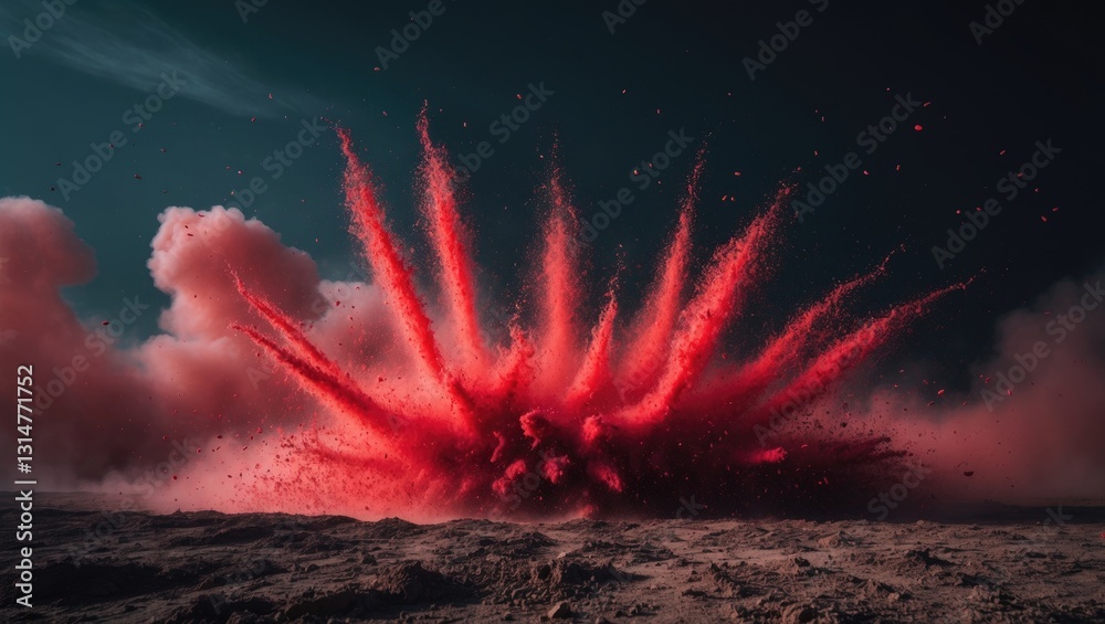Poster eruption of red particles against a dark background. A burst of color in the dust on a dark background.
