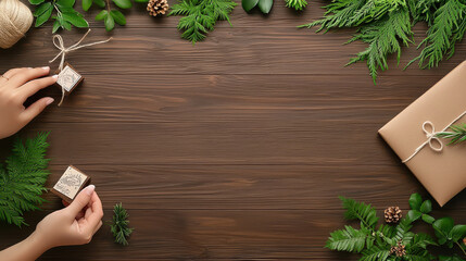 Crafting DIY wedding invitations with hands, natural elements, and rustic decor. scene features greenery, wooden background, and gift wrapping, creating warm, inviting atmosphere