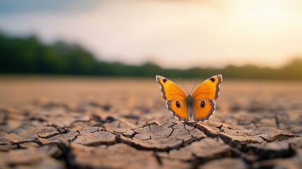 Butterfly on Cracked Dry Ground Under Soft Sunlight Glow