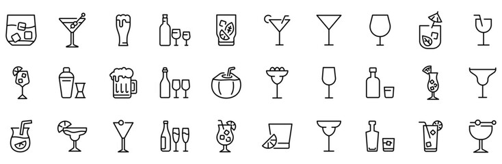 Alcohol and cocktails web line icon set. Glasses, spirits, beer, bar, champagne, whiskey, wine. Editable vector stroke.