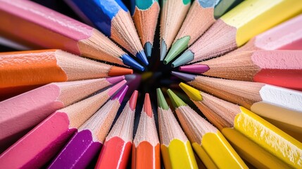 Fototapeta premium Colorful pencils arranged in a circular pattern on a dark background