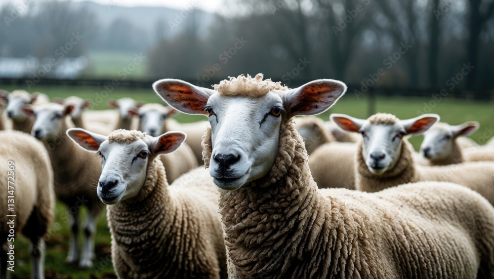 Poster flock of sheep gazing at the camera on a winter day in the pasture. lamb and ewe farm.