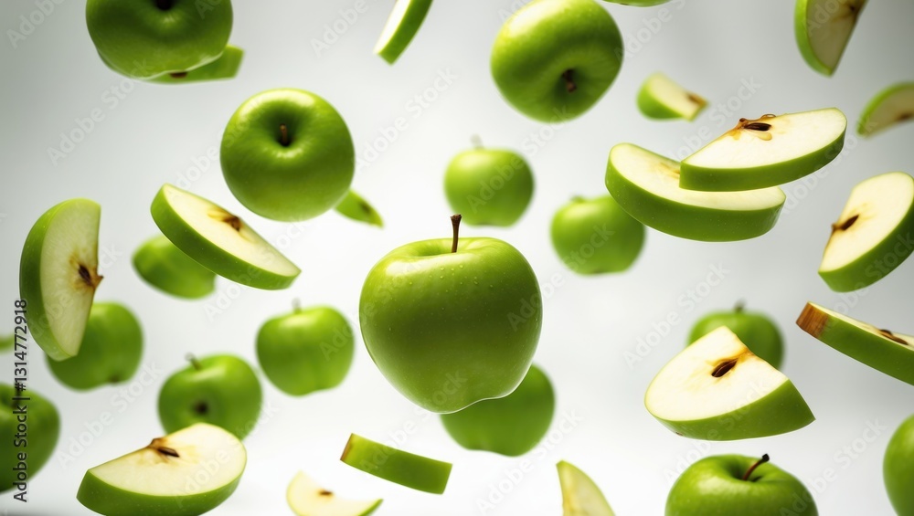 Poster falling green juicy apple isolated on a background, with a clipping path and full depth of field.