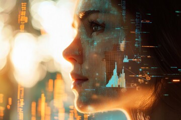 A woman's face overlaid with digital data, visualizing the intersection of humanity and technology.