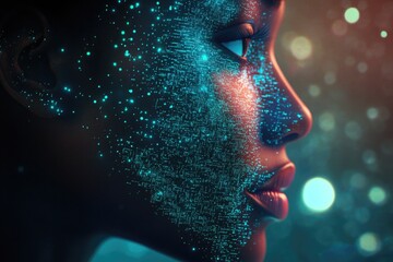 A woman's face dissolves into glowing teal data streams, representing digital transformation or AI.