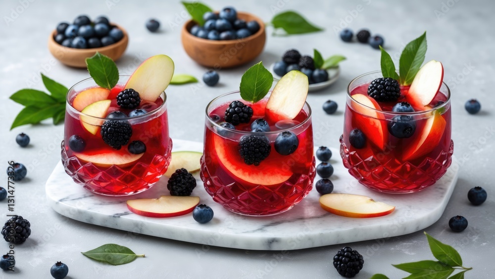 Poster fall berry and apple sangria served in a glass with ice, an idea for a refreshing cocktail or mockta