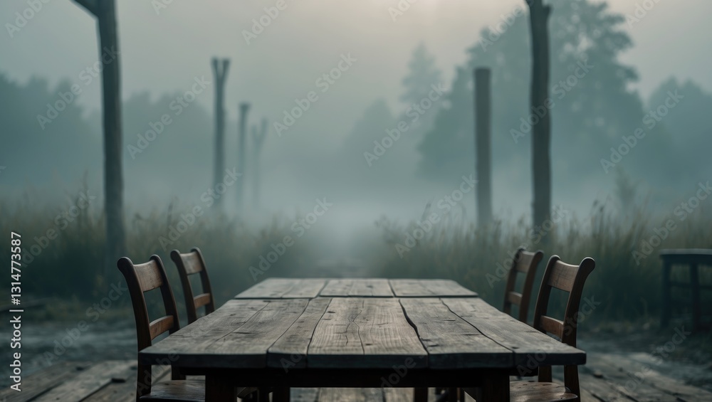 Poster empty wooden table set against a hazy background