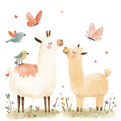 Naklejka premium there are two llamas and a bird standing in the grass