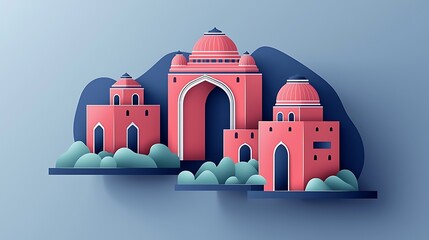 Indian architectural illustration, paper cut style, historical building