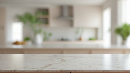 Empty marble tabletop with a blurred interior background for product display montage.