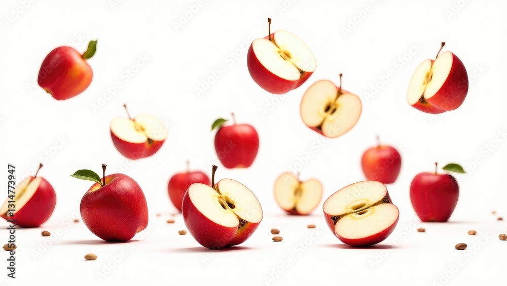 Poster falling red juicy apple separated on a background, with clipping path, complete depth of field.