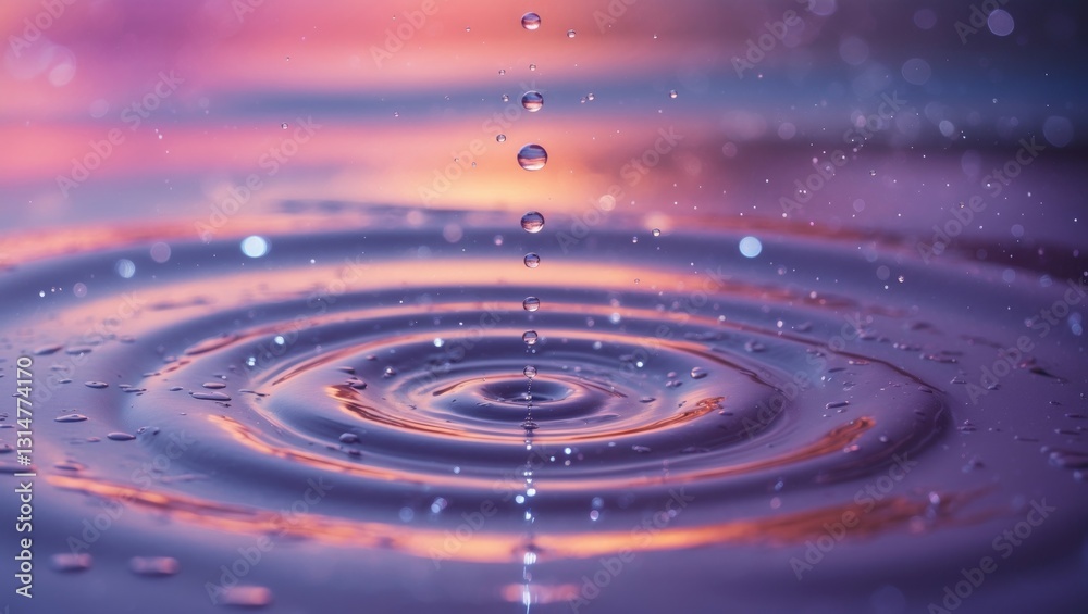 Poster a serene scene showcasing ripples on a water surface, illuminated by surreal purple and pink hues re