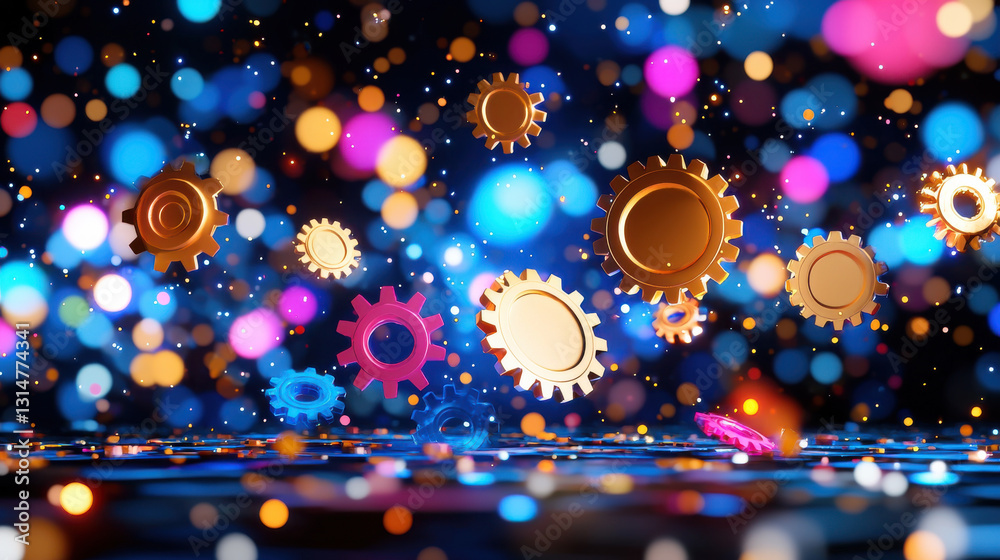 Aufkleber stylized 3d rendering of colorful gears floating in space with vibrant bokeh lights creating dynamic