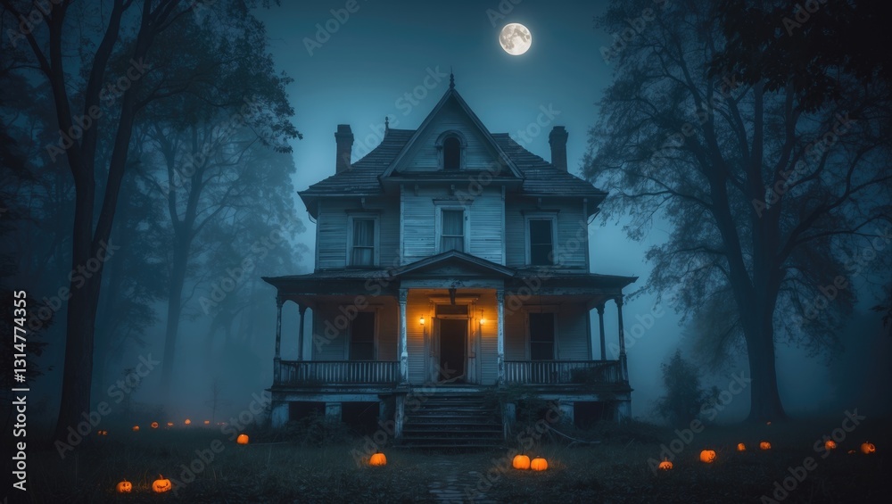 Poster abandoned haunted house in fog at night with a ghost. old mystical building in the forest. trees ill