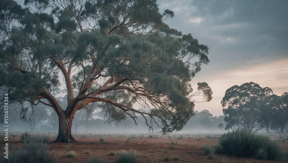 Poster eucalyptus tree in a misty landscape.